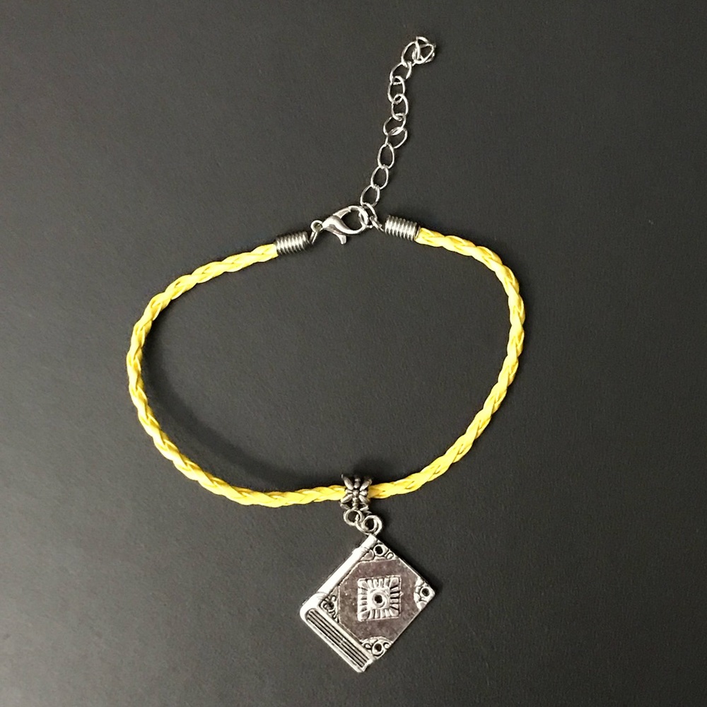 Yellow Braided Leather Book Charm Bracelet